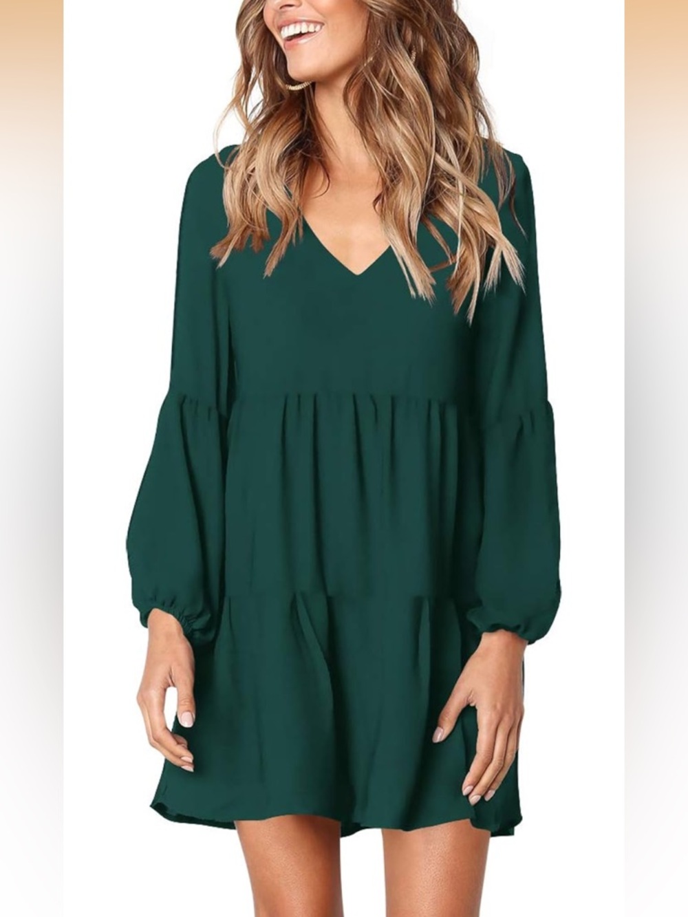 Green V-Neck Tiered Babydoll Dress - Large